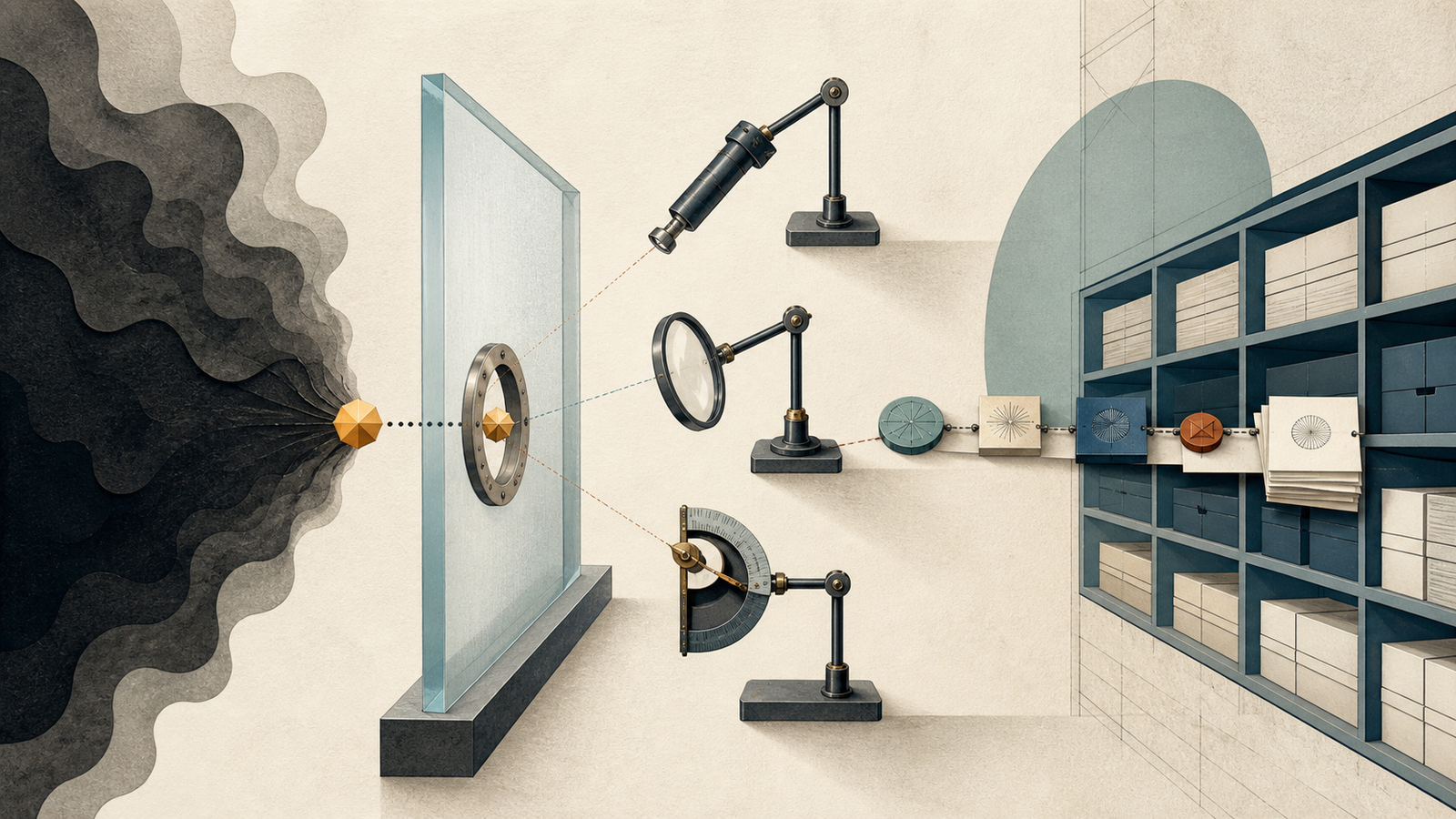 Editorial illustration of a hazy black form sending a gold object through a glass boundary, where three separate instruments inspect it before it enters an organised archive.
