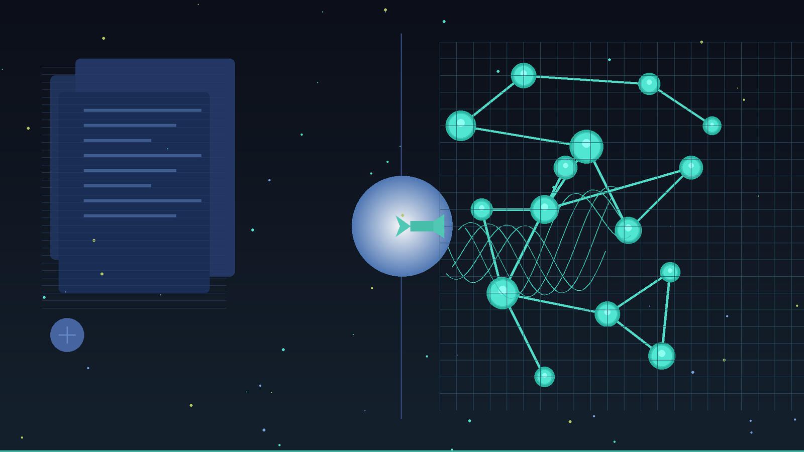 A dark abstract image split between structured documents on the left and a glowing network of interconnected nodes on the right, representing institutional rules meeting runtime AI governance.